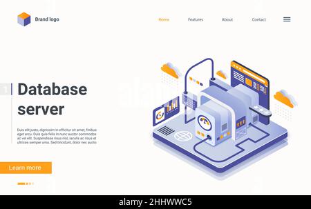 Isometrische Vektordarstellung des Datenbankservers. Cartoon 3D Virtual Hosting Datacenter-Service zur Steuerung, Analyse und Verwaltung von Datendateien, Support-System Stock Vektor