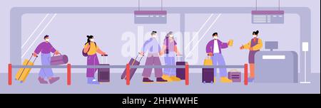 Schlange am Flughafen, Leute warten in der Schlange auf den Check-in für die Registrierung. Passagiere Charaktere in medizinischen Masken bereiten Dokumente für den Passkontrollschalter vor. Männer und Frauen Boarding Cartoon Vektor Illustration Stock Vektor
