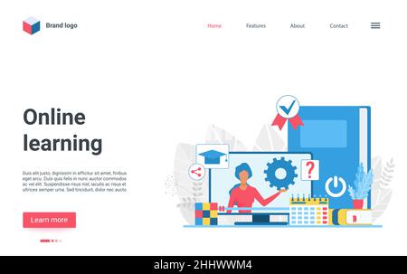 Online-Lerntechnologie Vektordarstellung. Cartoon Lehrer Charakter Ausbildung, Unterricht in Videostunde Videokonferenz auf dem Computerbildschirm, Stelle Stock Vektor