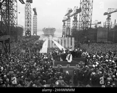 HMS Ark Royal wird am 3rd. Mai 1950 auf der Cammell Laird Werft in Birkenhead, Merseyside, gestartet. Stockfoto