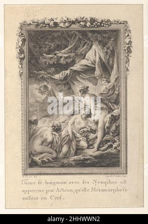 Vignette (Tomé 1.er, Seite 200, lib. III, fabelhaft. 3), zeigt, wie Diana Actaeon in einen Stag verwandelt, aus Les Métamorphoses d'Ovide en Latin et en François de la traduction de M. l'Abbé Banier de l'Académie Royale des Inscriptions et Belles-Lettres. Avec des explanations historiques. Ein Pariser Hotel im Stil des „Le à de la croix d'Or“, „Le Saint Jacques“. MDCCLXVII. Avec approbation et Privilège du ROI 1766 Augustin de Saint-Aubin Französisch. Vignette (Tomé 1.er, Seite 200, lib. III, fabelhaft. 3), zeigt, wie Diana aus Les Métamorphoses d'Ovide en Latin et en François de la traduction de M. l'Abbé Actaeon in einen Stag verwandelt Stockfoto