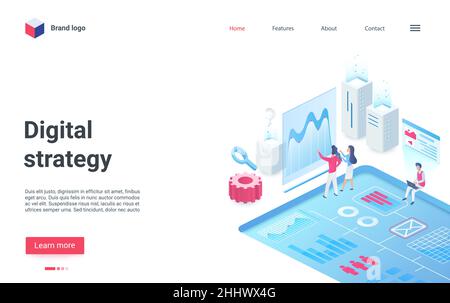 Isometrische Vektordarstellung der digitalen Strategieplattform. Cartoon 3D Analysten Menschen analysieren Börsenmarktdaten, Charts und Geschäftsentwicklung Stock Vektor