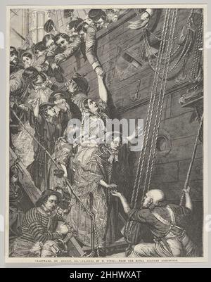 East-Ward-Ho! 1857. August aus 'Illustrated London News' 22. Mai 1858 William Luson Thomas British Veröffentlicht in den 'Illustrated London News', zeigt dieser Holzstich britische Soldaten, die sich von ihrer Familie, ihren Liebsten und Freunden verabschieden, während ihr Schiff nach Kalkutta abfährt - auf dem Weg zur indischen 'Mutiny' (oder Indian First war of Independence, 1857-1859). Thomas's Holzstich reproduziert ein Gemälde aus dem Jahr 1858 (jetzt in der Elton Hall), das O'Neil in die Öffentlichkeit trieb - nachdem es 1858 an der Royal Academy gezeigt wurde, tourte das Werk durch Großbritannien und wurde von über einer halben Million Menschen gesehen. Die Inter Stockfoto