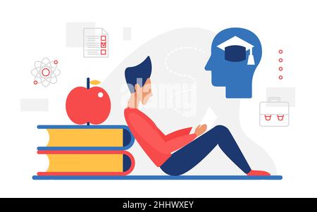 Wissensvermittlung kreative Konzept Vektor Illustration. Cartoon-Absolvent Mann oder Student Figur sitzt mit Literatur Bücher und Wissenschaft, Gehirn s Stock Vektor