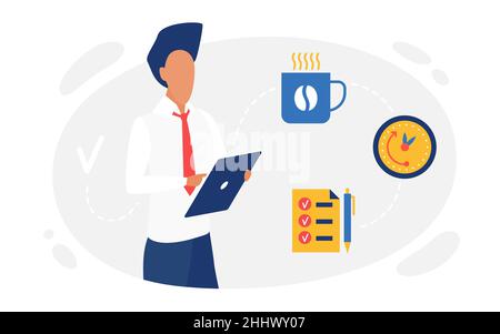 Business People Planning, Zeitmanagement-Konzept-Vektor-Illustration. Cartoon Geschäftsmann Manager Figur hält Tablet, so dass Arbeitsplan mit cof Stock Vektor