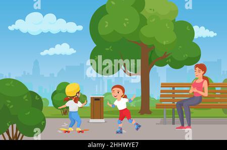 Glückliche Familie Sommer Outdoor-Freizeitaktivitäten im Stadtpark Vektor-Illustration. Cartoon aktiv niedlichen Mädchen Kinder Figuren spielen, Skateboard oder rolle Stock Vektor