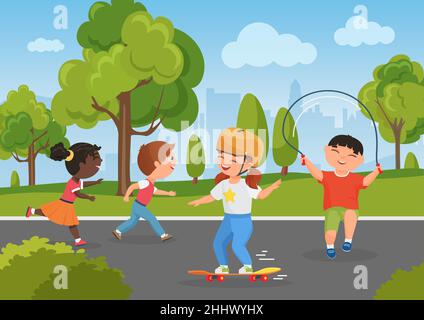 Kinder spielen im Stadtpark, gesunde Sommeraktivität in der Natur Vektor-Illustration. Cartoon junge Figur spielen Seilspringen, Mädchen Kind Reiten Skate Stock Vektor