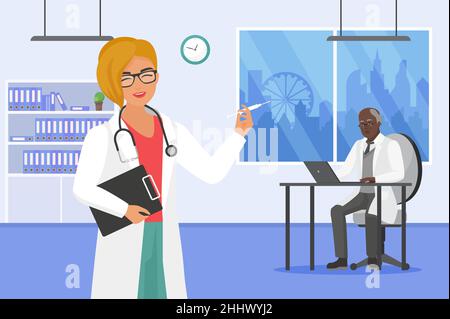 Medizin Teamarbeit im Krankenhaus Vektor Illustration. Cartoon Frau Krankenschwester Charakter mit Brille hält Spritze Injektion, Mann Arzt arbeitet mit Lapto Stock Vektor