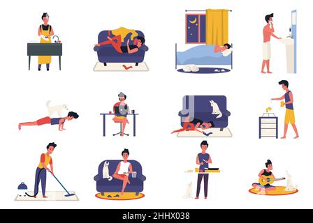 Junger Mann tägliche Routine Aktivität Vektor-Illustration. Cartoon aktiven Kerl Charakter tun jeden Tag Sport mit Hund, Abendessen kochen, arbeiten in Stock Vektor