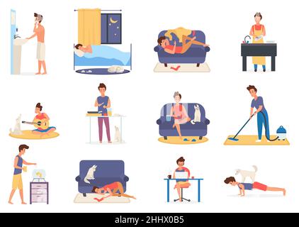 Beschäftigter Mann Alltag Lifestyle Vektor Illustration Set. Cartoon Morgen Nachmittag Abend und Nachhausleben Aktivität der jungen männlichen Charakter, Kerl mit Stock Vektor