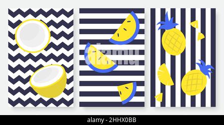 Tropische Früchte auf gestreiftem schwarz-weißen Vektor-Illustrationsset. Sommer gelbe Zitronen Ananasscheiben, ganze und halbe Früchte und Streifen in tropischer Form Stock Vektor