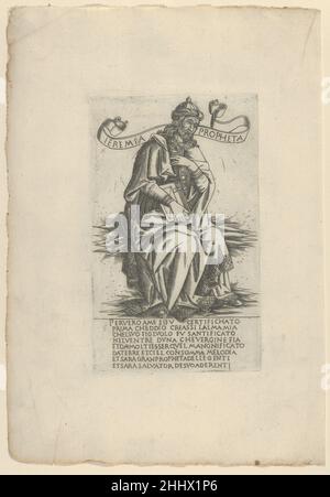 Der Prophet Jeremia, von Propheten und Sibyllen 1480–90 Francesco Rosselli Italienisch dieser Druck ist Teil einer Serie von vierundzwanzig Propheten und zwölf Sibyllen, die der Serie desselben Themas von Bacio Baldini (tib 2403,052-.089) nachempfunden sind. Rossellis Stiche sind in der breiten Art und Weise ausgeführt und im Stil italienisch, während Baldinis in der feinen Art und meist im germanischen Stil ausgeführt sind. Rossellis Drucke variieren von originalgetreuen Ciopien von Baldinis Drucken bis hin zu losen Adaptionen. Dieser Druck wurde von Bacio Baldinis Prophet Jeremiah (TIB 2403,069) kopiert. Der Prophet Jeremia, von den Propheten Stockfoto