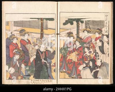 Yoshiwara Bilderbuch der Neujahrsfeierlichkeiten 1804 Kitagawa Utamaro 喜多川歌麿 Japanisch. Yoshiwara Bilderbuch der Neujahrsfeste. Kitagawa Utamaro 喜多川歌麿 (japanisch, ca. 1754–1806). Japan. 1804. Satz von zwei Büchern mit Holzschnitt; Tinte und Farbe auf Papier. Edo-Zeitraum (1615–1868). Illustrierte Bücher Stockfoto