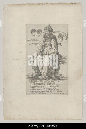 Der Prophet Hesekiel, aus 'Propheten und Sibyllen' 1480–90 Francesco Rosselli Italienisch dieser Druck ist Teil einer Serie von vierundzwanzig Propheten und zwölf Sibyllen, die der Serie desselben Themas von Bacio Baldini (tib 2403,052-.089) nachempfunden ist. Rossellis Stiche sind in der breiten Art und Weise ausgeführt und im Stil italienisch, während Baldinis in der feinen Art und meist im germanischen Stil ausgeführt sind. Rossellis Drucke variieren von originalgetreuen Ciopien von Baldinis Drucken bis hin zu losen Adaptionen. Der Prophet Hesekiel, aus 'Propheten und Sibyllen' 625971 Stockfoto