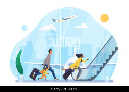 Leute beeilen sich, Flugzeug in Flughafen-Vektor-Illustration zu besteigen. Cartoon-Familienfiguren mit Koffern laufen zur Rolltreppe des Abflughalle-Terminals, p Stock Vektor