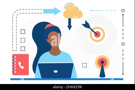 Kontaktieren Sie uns Konzept, Support Call Service Center Technologie Vektor Illustration. Cartoon moderne Helpdesk-Linie Symbole mit Operator Charakter arbeitet onl Stock Vektor