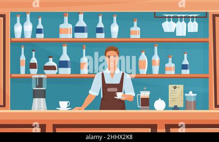 Café-, Coffeeshop-Bar- oder Restaurantbetrieb mit Vektorgrafik des Barista-Personals. Cartoon Hipster Figur in Schürze hält Kaffeetasse, stehend in Stock Vektor