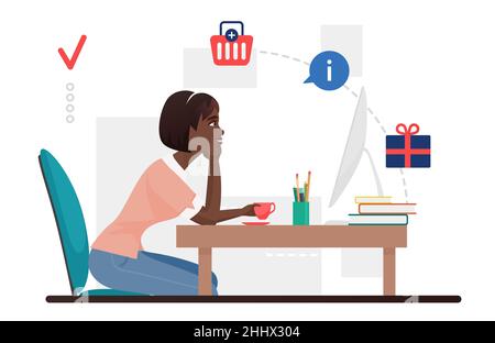 Happy girl Shopping, Bestellung von Geschenken über Internet-Vektor-Illustration. Cartoon Frau shopaholic Charakter mit Computer zu bestellen präsentieren in online sto Stock Vektor