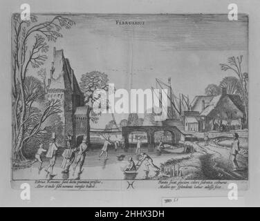 Februar aus einer Reihe von Titelseite und zwölf Monaten 1608–1618 Jan van de Velde II.. Februar von einer Reihe von Titelseite und zwölf Monate. Jan van de Velde II (Niederländisch, Rotterdam oder Delft ca. 1593–1641 Enkhuizen). 1608–1618. Ätzen; erster Zustand von zwei. Johannes Janssonius (Niederländisch, 1588 Arnhem–Amsterdam 1664). Ausdrucke Stockfoto