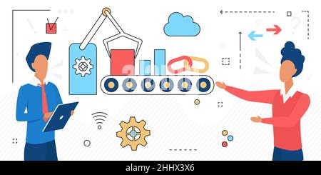Geschäftsleute und Roboter arbeiten zusammen, Vektordarstellung zur Automatisierung von Geschäftsprozessen. Cartoon Geschäftsmann Figuren stehen in der Nähe der Arbeit vermitteln Stock Vektor