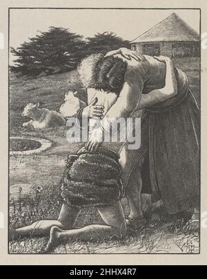 The Prodigal Son (The Parables of Our Lord and Retour Jesus Christ) 1864 nach Sir John Everett Millais Britisch Es dauerte sieben Jahre, bis Millais zwanzig Bilder, die von neutestamentlichen Parabeln inspiriert waren, für die Dalziel-Brüder entworfen hatte. Der Künstler schrieb an seine Verleger: „Ich kann gewöhnliche Zeichnungen so schnell machen wie die meisten Menschen, aber diese Entwürfe können kaum im gleichen Licht betrachtet werden – jede Parabel illustriere ich vielleicht ein Dutzend Mal, bevor ich [das Bild] fixiere.“ Nach Abschluss eines Entwurfs übertrug Millais ihn in einen Holzblock Stockfoto