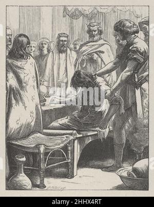 The Marriage Feast (The Parables of Our Lord and Retour Jesus Christ) 1864 nach Sir John Everett Millais Britisch Es dauerte sieben Jahre, bis Millais zwanzig Bilder entworfen hatte, die von neutestamentlichen Parabeln für die Dalziel-Brüder inspiriert waren, und die resultierenden Drucke gelten als Holzschnitzelbilder. Der Künstler schrieb an seine Verleger: „Ich kann gewöhnliche Zeichnungen so schnell machen wie die meisten Menschen, aber diese Entwürfe können kaum im gleichen Licht betrachtet werden – jede Parabel illustriere ich vielleicht ein Dutzend Mal, bevor ich [das Bild] fixiere.“ Nach Fertigstellung eines Entwurfs übertrug Millais ihn an einen Holzschnitt-CO Stockfoto