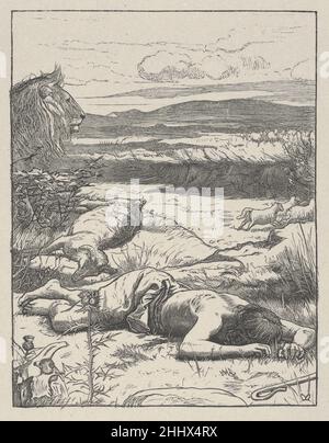 The Good Shepherd (The Parables of Our Lord and Retour Jesus Christ) 1864 nach Sir John Everett Millais Britisch Es dauerte sieben Jahre, bis Millais zwanzig Bilder entworfen hatte, die von neutestamentlichen Parabeln für die Dalziel-Brüder inspiriert waren, und die resultierenden Abzüge gelten als Holzschnitzelbilder. Der Künstler schrieb an seine Verleger: „Ich kann gewöhnliche Zeichnungen so schnell machen wie die meisten Menschen, aber diese Entwürfe können kaum im gleichen Licht betrachtet werden – jede Parabel illustriere ich vielleicht ein Dutzend Mal, bevor ich [das Bild] fixiere.“ Nach Fertigstellung eines Entwurfs übertrug Millais ihn auf ein holzschnitt-echtheitszertifikat Stockfoto