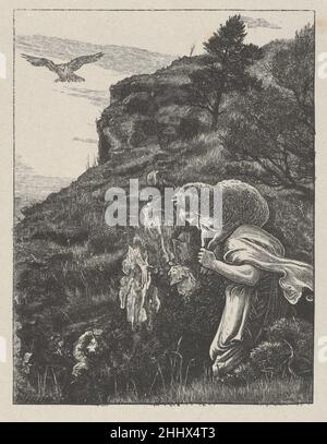 The Lost Sheep (The Parables of Our Lord and Retour Jesus Christ) 1864 nach Sir John Everett Millais Britisch Es dauerte sieben Jahre, bis Millais zwanzig Bilder entworfen hatte, die von neutestamentlichen Parabeln für die Dalziel-Brüder inspiriert waren, und die resultierenden Drucke gelten als Holzschnitzelbilder. Der Künstler schrieb an seine Verleger: „Ich kann gewöhnliche Zeichnungen so schnell machen wie die meisten Menschen, aber diese Entwürfe können kaum im gleichen Licht betrachtet werden – jede Parabel illustriere ich vielleicht ein Dutzend Mal, bevor ich [das Bild] fixiere.“ Nach Abschluss eines Entwurfs übertrug Millais ihn in einen Holzblock, der beschichtet war Stockfoto
