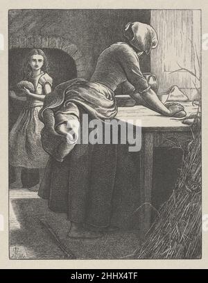 Das Gleichnis vom Sauerteig (die Gleichnisse unseres Herrn und Erlösers Jesus Christus) 1864 nach Sir John Everett Millais Britisch Es dauerte sieben Jahre, bis Millais zwanzig von neutestamentlichen Gleichnissen inspirierte Bilder für die Gebrüder Dalziel entworfen hatte, und die resultierenden Abzüge gelten als Holzschnitzelbilder. Der Künstler schrieb an seine Verleger: „Ich kann gewöhnliche Zeichnungen so schnell machen wie die meisten Menschen, aber diese Entwürfe können kaum im gleichen Licht betrachtet werden – jede Parabel illustriere ich vielleicht ein Dutzend Mal, bevor ich [das Bild] fixiere.“ Nach Abschluss eines Entwurfs übertrug Millais ihn in einen Holzschnitt Stockfoto