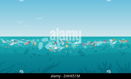 Müll in verschmutztem Meer Ozean Wasser Vektor-Illustration. Cartoon Natur Landschaft mit Plastikflaschen Müll Müll Müll auf schmutziger Oberfläche schwimmt waten Stock Vektor