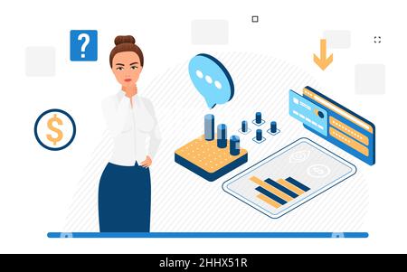 Frau beschäftigt sich mit Buchhaltungs- und Bankstatistiken, Finanzanalyst. Unternehmensberatung, Bankmanagement , isometrisches Vektorbild Stock Vektor