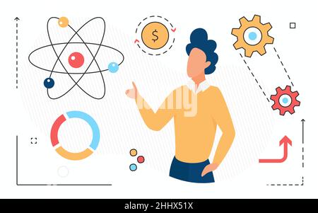 Wissenschaftliche Forschung, Mensch Charakter und wissenschaftliche abstrakte Linie Symbol auf weiß isoliert Stock Vektor