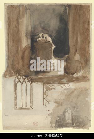 A Tomb and Studies of Windows in the Church of Valmont Abbey (recto); Four Studies of Horses (verso) 1829–31 Eugène Delacroix French Diese Zeichnung der Kirche in Valmont in der Normandie zeigt Delacroix's meisterhaften Umgang mit dem Waschmittel, um ein schattiges Ambiente zu schaffen. Bei seinen Besuchen auf dem Anwesen seines Cousins wurde Delacroix vor allem durch die teilweise ruinierte Kirche aus dem 15. Jahrhundert auf dem Anwesen verartet, die seine romantische Phantasie ansprach. Nach seiner ersten Reise erinnerte er sich: „vor allem die alte Kirche, halb ruiniert, Dort gab es Gräber, große gotische Fenster mit dunklem Stain Stockfoto