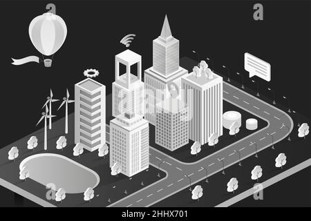 Isometrische schwarz-weiß 3D Stadt mit modernen Bank-Hotel Bürogebäude, Stadt Häuser Wohnung Stock Vektor