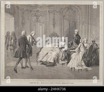 Boucher présenté à Madame de Pompadour (Boucher präsentiert an Madame de Pompadour), aus 'Le Monde Illustré' 29. Juni 1861 Henry Linton der britische Linton-Druck reproduziert ein Gemälde von Gérard, das die Einführung des Malers François Boucher an Madame de Pompadour zeigt, Ein führendes Mitglied des französischen Königshofs und die offizielle Geliebte von König Ludwig XV. Von 1745 bis zu ihrem Tod im Jahr 1764. Die Beziehung zwischen Boucher und seiner Patronin war fruchtbar und führte zu vielen Aufträgen für den Künstler. Bouchers Kunst versinnbildlichte das ancien-Regime – die Zeit vor dem Untergang des französischen M Stockfoto