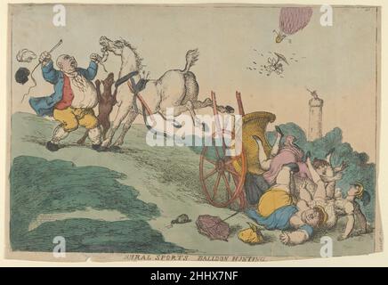 Landsport: Ballonjagd 25. Oktober 1811 Thomas Rowlandson Britische drei Frauen fallen aus einem Wagen, als es einen Hügel hinauffährt. Ein Mann links versucht, den Zaum des tretenden Pferdes zu halten und verliert seinen Hut und seine Perücke. Landsport: Ballonjagd 651624 Stockfoto