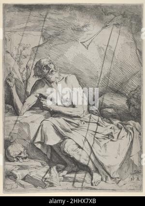 Der heilige Jerome hört die Trompete des Jüngsten Gerichts 1621 Jusepe de Ribera (genannt Lo Spagnoletto) Spanisch Dies ist mit ziemlicher Sicherheit die erste von Riberas zwei Radierungen, die den heiligen Jerome in der Wildnis darstellen, unterbrochen durch den Klang einer Trompete. Sein Datum – 1621 – deutet darauf hin, dass es das Gemälde desselben Subjekts, das Ribera an die Colegiata in Osuna in Spanien geschickt hat, nachdatiert. Die fünf Gemälde von Ribera in Osuna waren frühe Aufträge, die kurz nach der Ansiedelung des Künstlers in Neapel eingingen.Obwohl sich die Radierung auf das Gemälde bezieht, gibt es viele Unterschiede. Im Druck ist der heilige sitzend und s dargestellt Stockfoto
