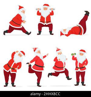 Vector lustig und niedlich Weihnachtsmann-Set macht Gym-Übungen mit Hanteln und Langhantel isoliert. Sport Fitness santa Stock Vektor