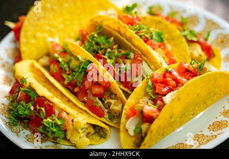 Selektiver Fokus von knackigen Tacos gefüllt mit Tomaten, Tofu, grünen Paprika, Kohl, Zwiebeln, Blumenkohl und Petersilie auf einer weißen Keramikplatte. Stockfoto