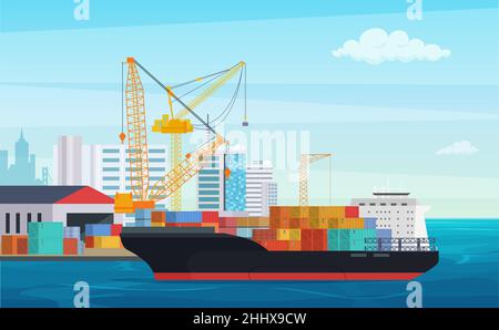 Logistik LKW und Transport Containerschiff. Cargo Hafen mit Industriekranen. Vektorgrafik Versandhof Stock Vektor