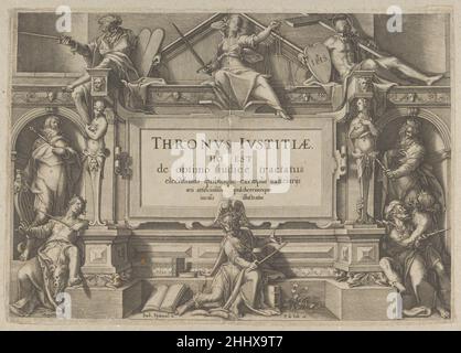 Titelseite in einem architektonischen Rahmen mit allegorischen Figuren und Christus, von Thronus Justitiae, tredecim pulcherrimus tabulis... 1605–6 Willem van Swanenburg Niederlandisch dieser Druck ist aus einem Satz von 13 Tafeln mit 'Bildern der Gerechtigkeit', mit Szenen aus der Bibel, der Geschichte und der Legende. Die Drucke wurden von Willem Swaneburg nach Entwürfen von Joachim Wtewael ausgeführt. Die Grafiken wurden erstmals 1606 bei Christoffel van Sichem veröffentlicht. Titelseite in einem architektonischen Rahmen mit allegorischen Figuren und Christus, von Thronus Justitiae, tredecim pulcherrimus tabulis... 650789 Stockfoto
