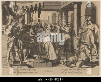 Urteil Salomos, aus Thronus Justitiae, tredecim pulcherrimus tabulis..., Tafel 2 1605–6 Willem van Swanenburg Niederlandisch dieser Druck ist aus einem Satz von 13 Tafeln mit 'Bildern der Gerechtigkeit', mit Szenen aus der Bibel, der Geschichte und der Legende. Die Drucke wurden von Willem Swaneburg nach Entwürfen von Joachim Wtewael ausgeführt. Die Grafiken wurden erstmals 1606 bei Christoffel van Sichem veröffentlicht. Urteil Salomos, aus Thronus Justitiae, tredecim pulcherrimus tabulis..., Tafel 2 650787 Stockfoto