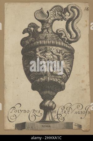 Vase mit einem Monster in der Mitte, zwei Füllhorn und zwei flankierenden geflügelten weiblichen Figuren 1565–1615 Cherubino Alberti (Zaccaria Mattia) Italienisch. Vase mit einem Monster in der Mitte, zwei Füllhörnchen und zwei flankierenden geflügelten weiblichen Figuren 381431 Künstler: Cherubino Alberti (Zaccaria Mattia), Italienisch, Borgo Sansepolcro 1553?1615 Rom, Künstler: After Polidoro da Caravaggio, Italienisch, Caravaggio ca. 1499?ca. 1543 Messina, Vase mit einem Monster in der Mitte, zwei Füllhornen und zwei flankierende geflügelte weibliche Figuren, 1565?1615, Gravieren, Blatt: 9 3/16 ? 6 1/4 Zoll (23,3 ? 15,8 cm). Das Metropolitan Museum of Art, New Stockfoto