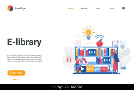 Website-Schnittstelle mobile App Landing Page, Konzept-Design mit Cartoon flache Buchliebhaber mit Internet digitale Bibliothek Buchhandlung zu lesen oder zu studieren. Lesen Stock Vektor