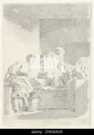 Interior 1778 Jean Honoré Fragonard Französisch dieser Druck gehört zu einer Gruppe von vier, die der 1778 gefertigte Garist machte, als er seine Schwägerin Marguerite Gérard in die Grundlagen der Technik einführte. Es zeigt die ganze Reihe von „Landtypen“, die in Fragonards Arbeit wiederkehren: Barfuß-Kinder, junge Frauen und bärtige alte Männer. Da keine klare Erzählung die Figuren miteinander verbindet, wurde der Druck traditionell vom vage Titel Interior erwähnt. Gérard machte ihre eigene Radierung nach dem gleichen verlorenen Modell, vermutlich eine braune Waschzeichnung von ihrem Schwager. Innenraum 632414 Stockfoto