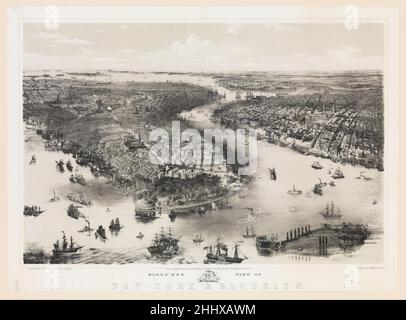 Vogelperspektive auf New York und Brooklyn 1851 John Bachmann American. Bird's Eye View of New York and Brooklyn 381082 Künstler: John Bachmann, Amerikaner (geboren in Deutschland oder der Schweiz), aktiv in New York 1849?85, Lithograph: William Endicott & Co., New York, NY, Bird's Eye View of New York and Brooklyn, 1851, Lithographie, Bild: 22 1/8 x 32 1/2 in. (56,2 x 82,6 cm) Blatt: 25 1/4 x 34 1/2 Zoll (64,1 x 87,6 cm). Das Metropolitan Museum of Art, New York. The Edward W. C. Arnold Collection of New York Prints, Maps and Picturs, Bequest of Edward W. C. Arnold, 1954 (54.90.1062) Stockfoto