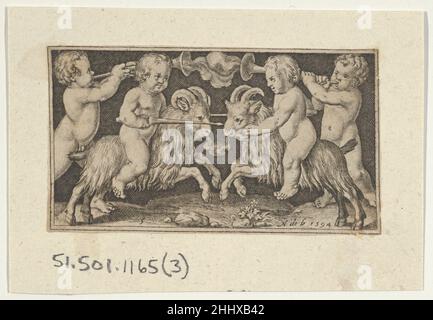 Zwei Genien-Rams 1594 Nicolaes de Bruyn Niederlandische zwei Putten auf rammauframmen, flankiert von zwei Putten mit Hörnern. Aus einer Serie von sechs Platten. Zwei Genies Riding Rams 423663 Stockfoto