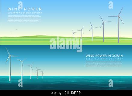 Energie Horizontale Konzept Hintergründe mit Windturbinen in grünen Wiese Feld und Meer Stock Vektor