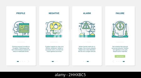 Negative Stressreaktion, Vektor-Illustration des menschlichen Gehirns. UX, UI Onboarding mobile App page screen set with line failure Alarm Symbols, negat Stock Vektor