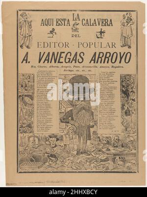 Das Skelett des Volksherausgebers (Antonio Vanegas Arroyo) 1907 José Guadalupe Posada Mexikanisch das bärtige Skelett mit Zylinderhut und Brille stellt Antonio Vanegas Arroyo dar, der viele von Posadas Drucken veröffentlichte. Die Verse rund um das Bild führen sein Spektrum an Publikationen auf. Sein kommerzieller Erfolg wird durch die in seiner rechten Hand geklammerte Tausend-Dollar-Note angezeigt. Ein solches humorvolles Spott über einen Mann, der ein Freund und Patron von Posada war, gehört zur halbsatirischen Tradition des calavera (Skelett). Die beiden Szenen hinter Vanegas Arroyo spiegeln Aspekte seines Berufs wider. Der Laden in der Höhe Stockfoto